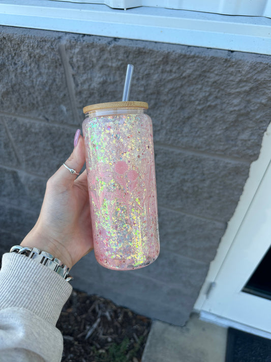 Pink Iridescent w/ pink flowers 16oz